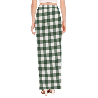 Forest Green Buffalo Check Pattern Print High Slit Maxi Skirt