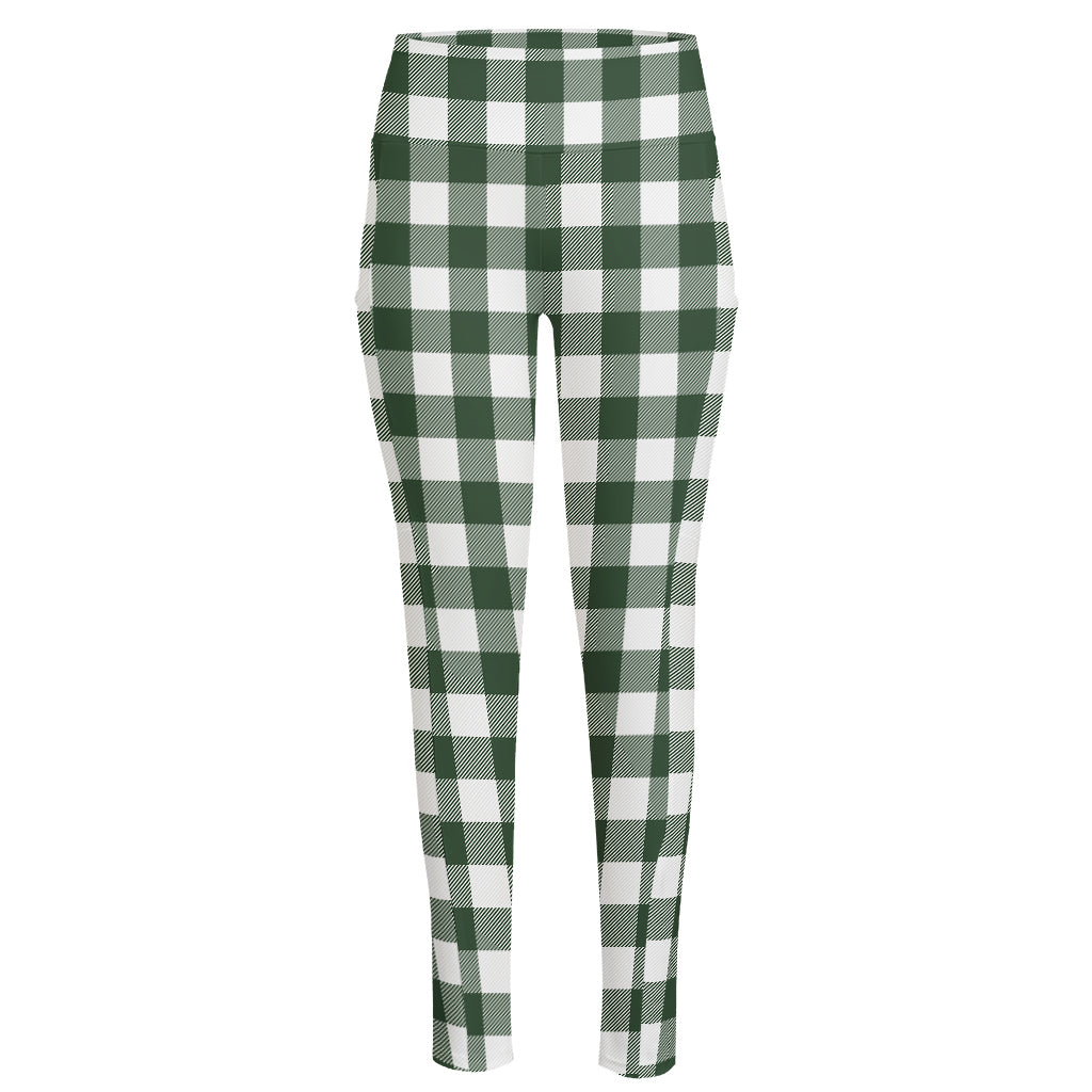 Forest Green Buffalo Check Pattern Print High-Waisted Pocket Leggings
