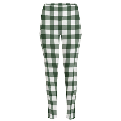 Forest Green Buffalo Check Pattern Print High-Waisted Pocket Leggings