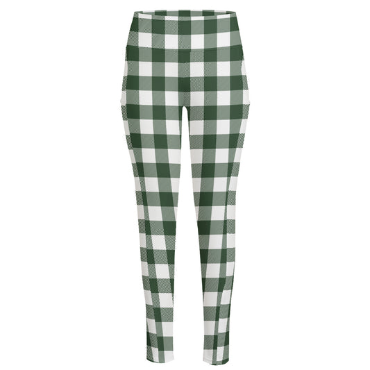 Forest Green Buffalo Check Pattern Print High-Waisted Pocket Leggings