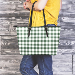 Forest Green Buffalo Check Pattern Print Leather Tote Bag