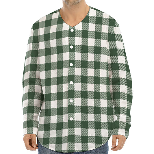 Forest Green Buffalo Check Pattern Print Long Sleeve Baseball Jersey