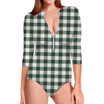 Forest Green Buffalo Check Pattern Print Long Sleeve Swimsuit