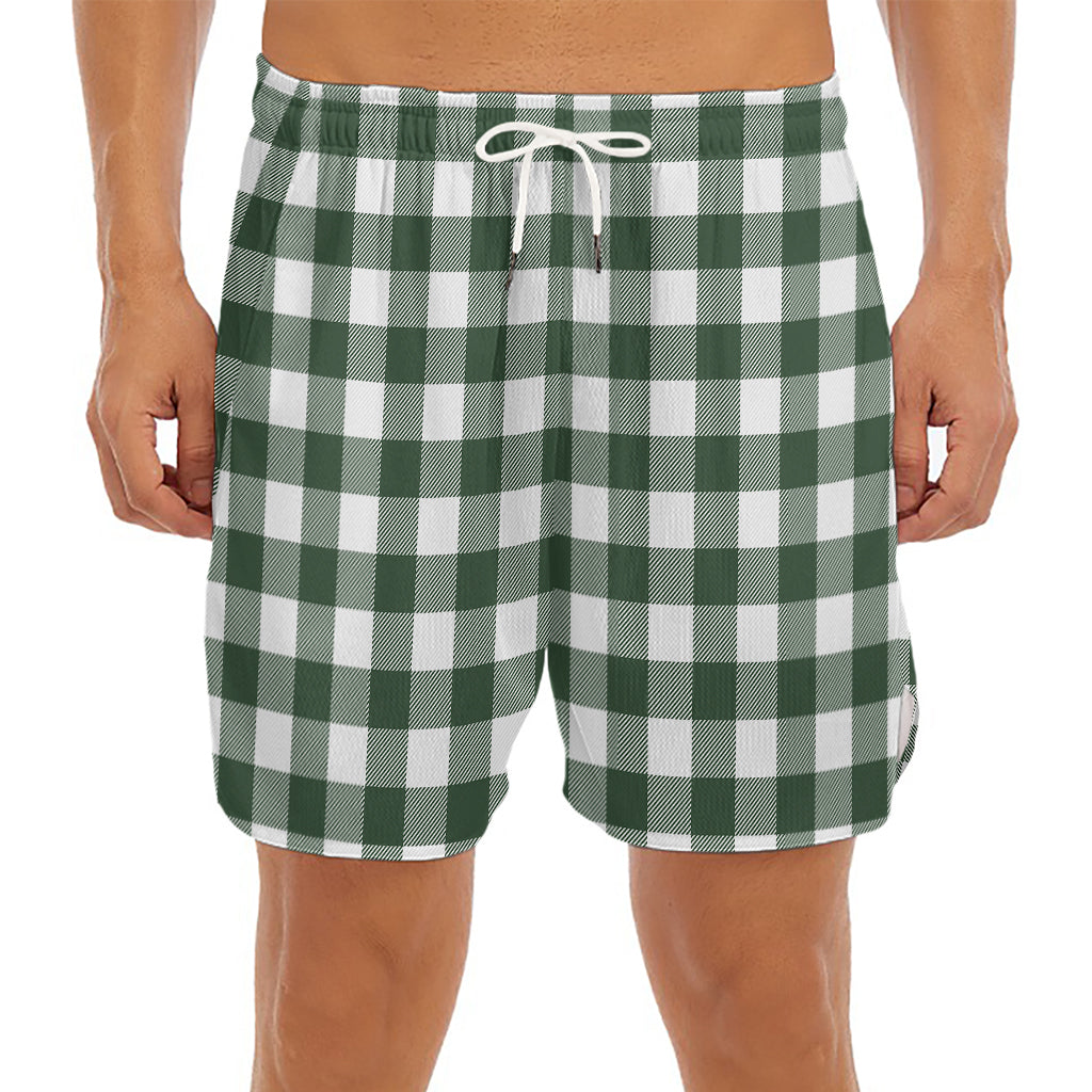 Forest Green Buffalo Check Pattern Print Men's Split Running Shorts