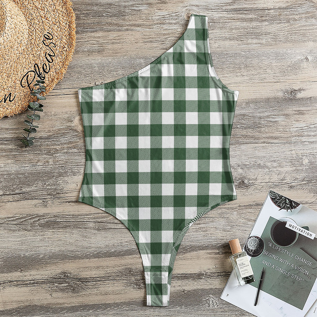 Forest Green Buffalo Check Pattern Print One Shoulder Bodysuit