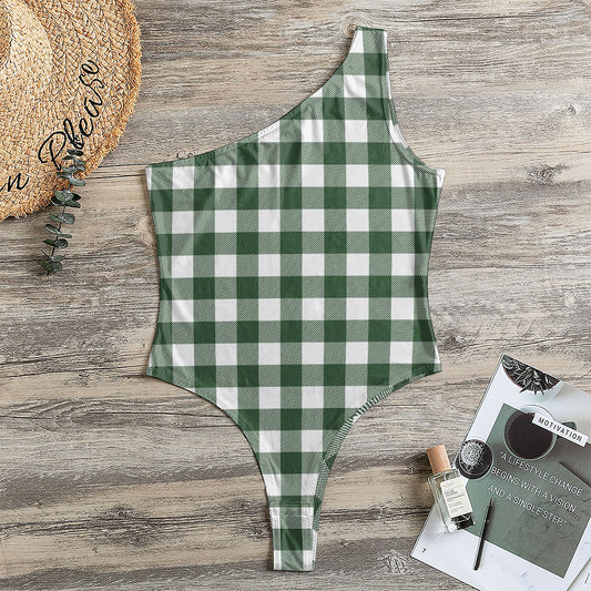 Forest Green Buffalo Check Pattern Print One Shoulder Bodysuit