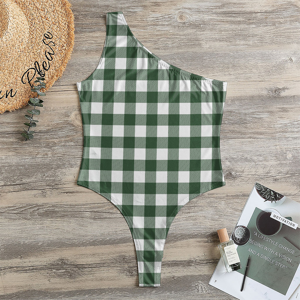 Forest Green Buffalo Check Pattern Print One Shoulder Bodysuit