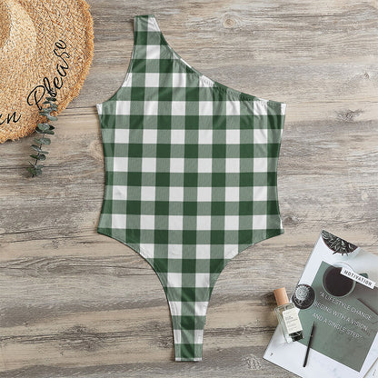 Forest Green Buffalo Check Pattern Print One Shoulder Bodysuit