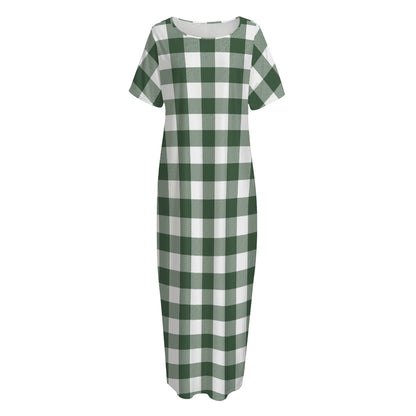 Forest Green Buffalo Check Pattern Print Short Sleeve Long Nightdress