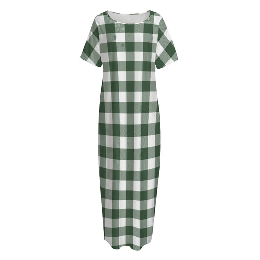 Forest Green Buffalo Check Pattern Print Short Sleeve Long Nightdress