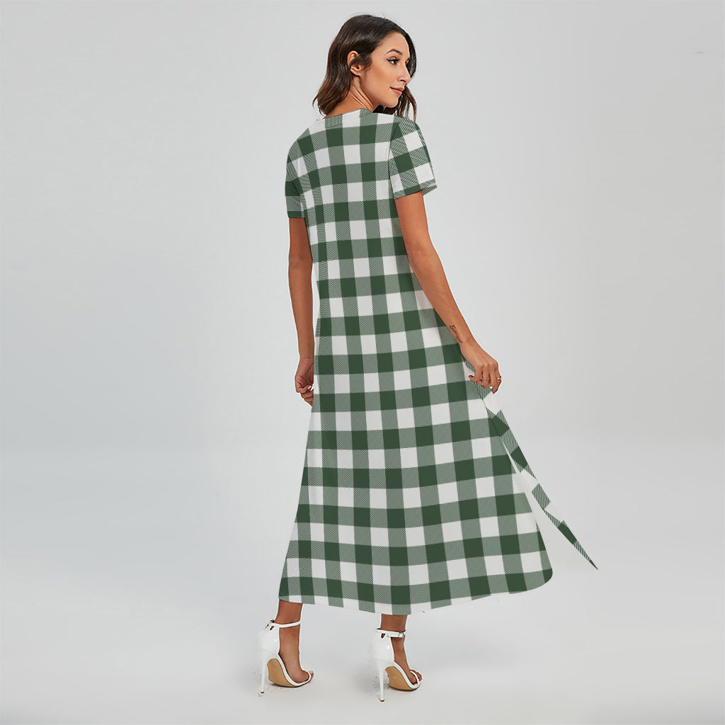 Forest Green Buffalo Check Pattern Print Short Sleeve Maxi Dress