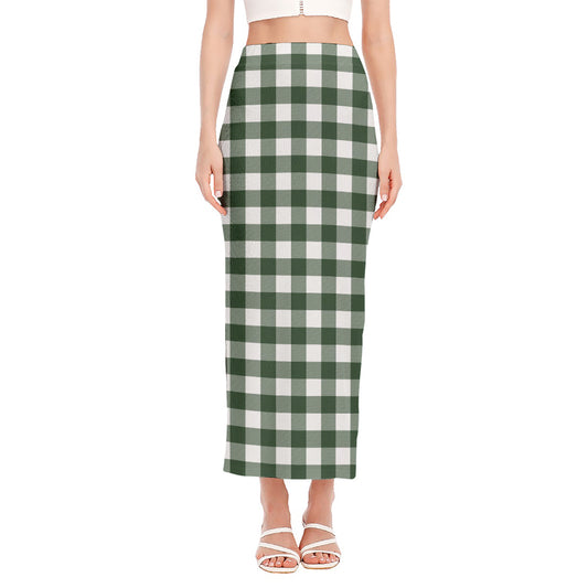 Forest Green Buffalo Check Pattern Print Side Slit Maxi Skirt