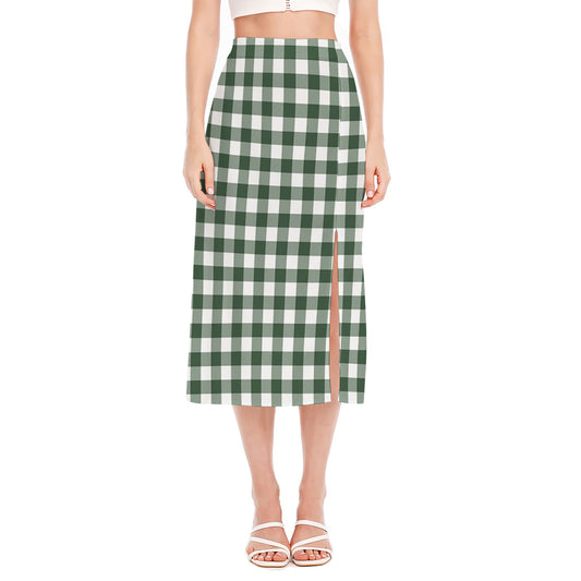 Forest Green Buffalo Check Pattern Print Side Slit Midi Skirt