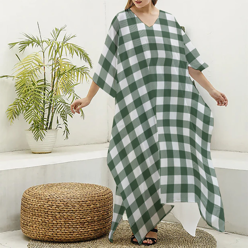 Forest Green Buffalo Check Pattern Print Silk V-Neck Kaftan Dress