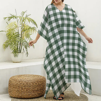 Forest Green Buffalo Check Pattern Print Silk V-Neck Kaftan Dress