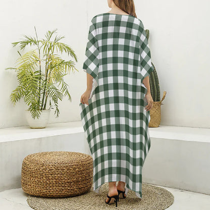 Forest Green Buffalo Check Pattern Print Silk V-Neck Kaftan Dress