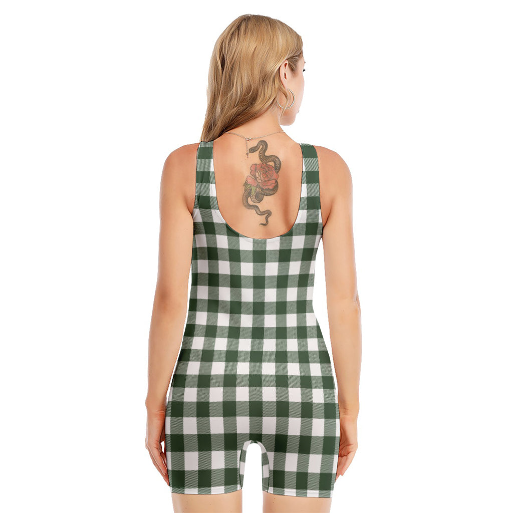 Forest Green Buffalo Check Pattern Print Sleeveless One Piece Swimsuit