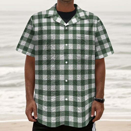 Forest Green Buffalo Check Pattern Print Textured Short Sleeve Shirt