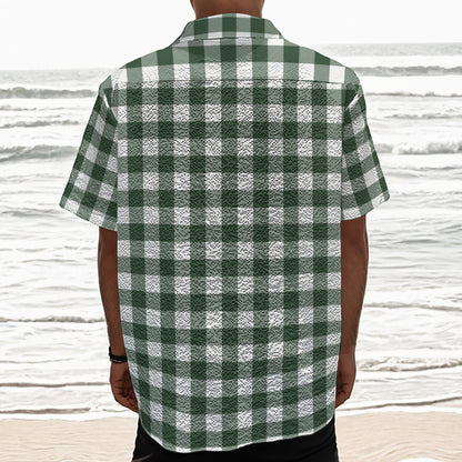 Forest Green Buffalo Check Pattern Print Textured Short Sleeve Shirt
