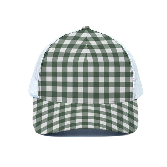 Forest Green Buffalo Check Pattern Print White Mesh Trucker Cap