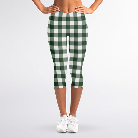 Forest Green Buffalo Check Pattern Print Women's Capri Leggings