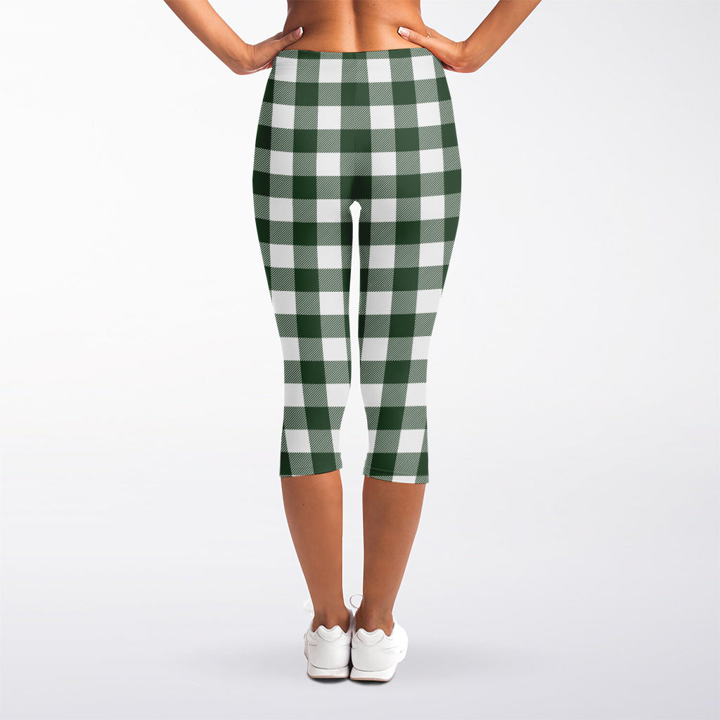 Forest Green Buffalo Check Pattern Print Women's Capri Leggings