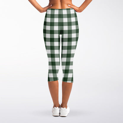 Forest Green Buffalo Check Pattern Print Women's Capri Leggings