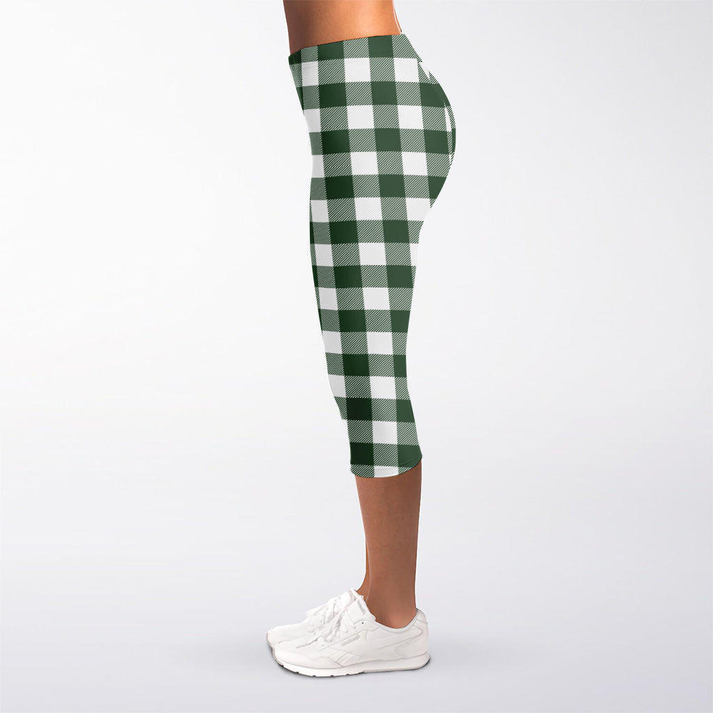 Forest Green Buffalo Check Pattern Print Women's Capri Leggings