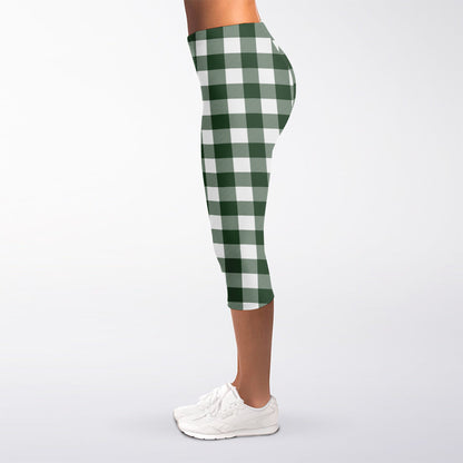 Forest Green Buffalo Check Pattern Print Women's Capri Leggings