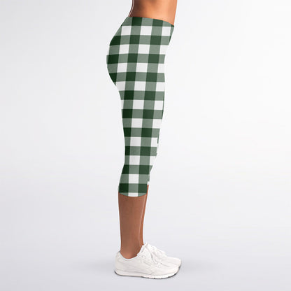 Forest Green Buffalo Check Pattern Print Women's Capri Leggings
