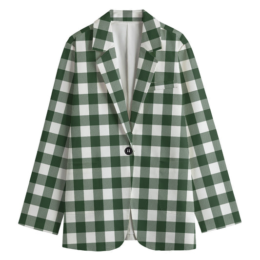 Forest Green Buffalo Check Pattern Print Women's Cotton Blazer