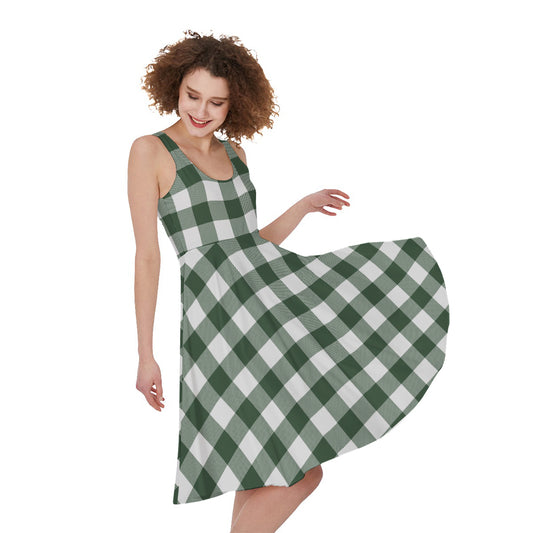 Forest Green Buffalo Check Pattern Print Women's Sleeveless Dress