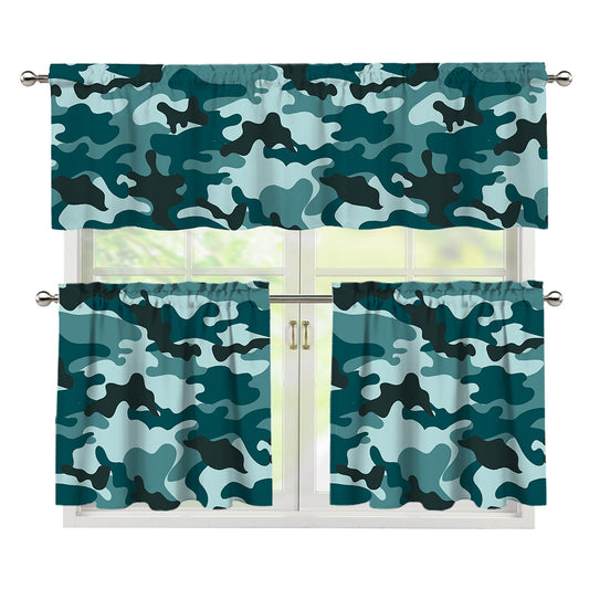 Forest Green Camouflage Print 3 Piece Kitchen Curtains