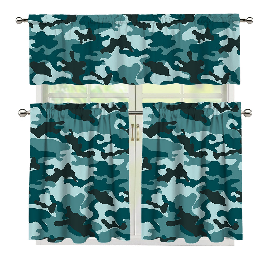 Forest Green Camouflage Print 3 Piece Kitchen Curtains