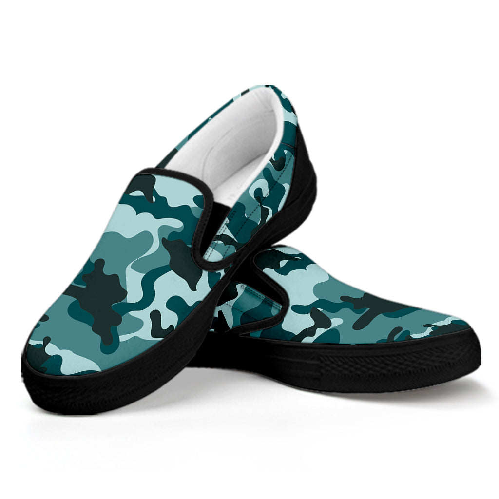 Forest Green Camouflage Print Black Slip On Sneakers