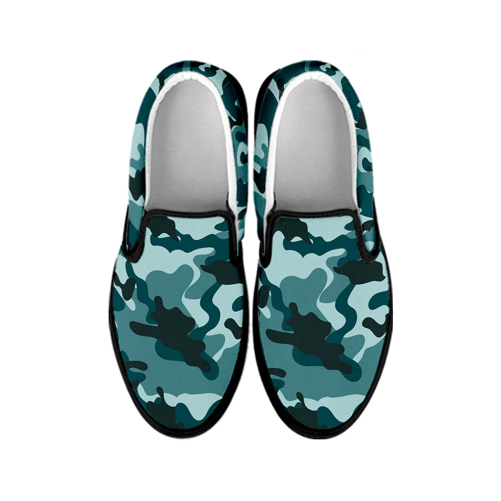 Forest Green Camouflage Print Black Slip On Sneakers