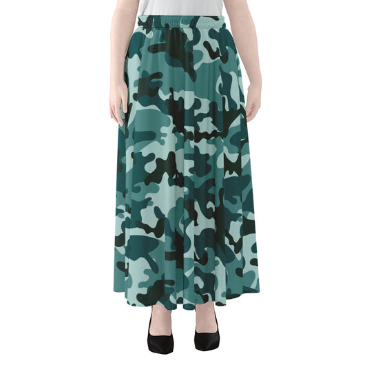 Forest Green Camouflage Print Chiffon Maxi Skirt