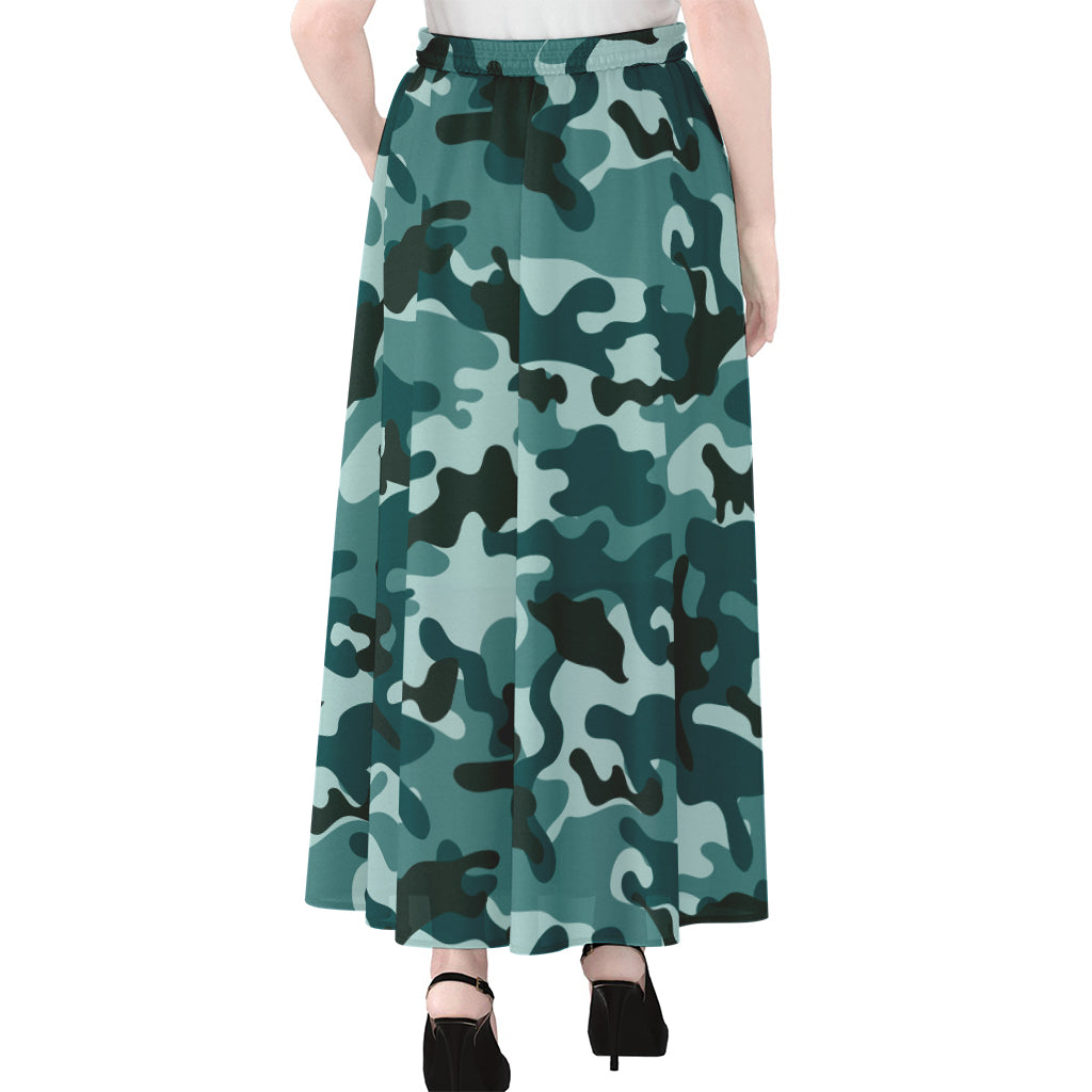 Forest Green Camouflage Print Chiffon Maxi Skirt