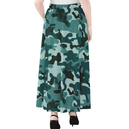 Forest Green Camouflage Print Chiffon Maxi Skirt