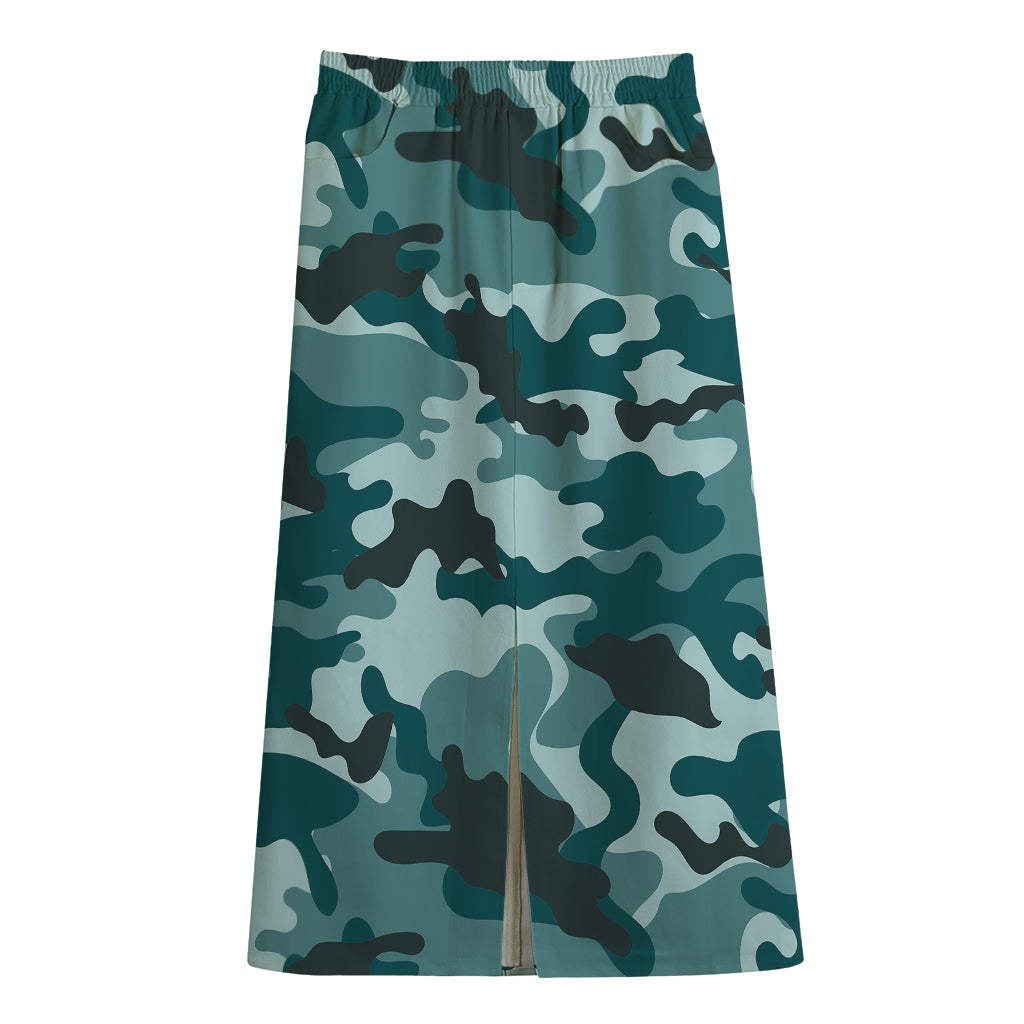 Forest Green Camouflage Print Cotton Front Slit Maxi Skirt