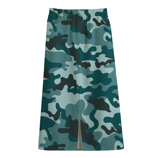 Forest Green Camouflage Print Cotton Front Slit Maxi Skirt