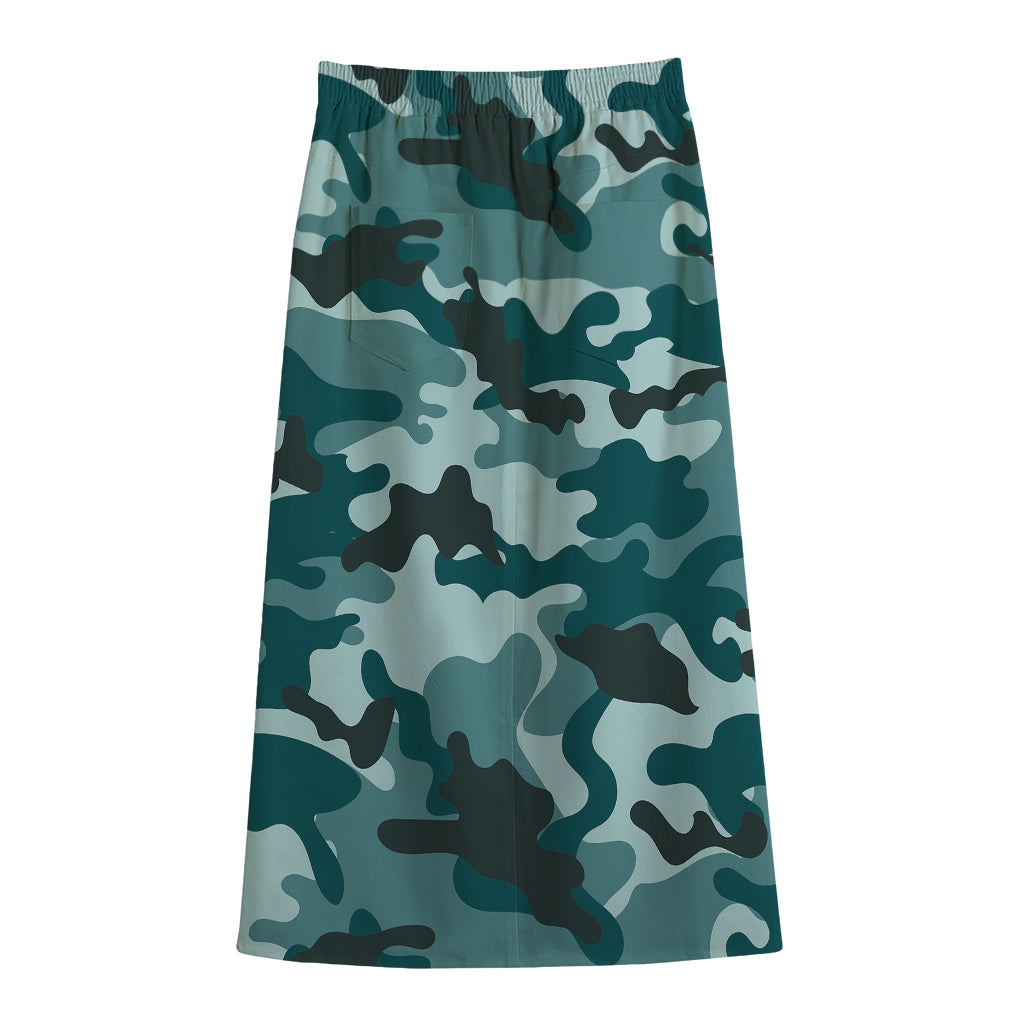 Forest Green Camouflage Print Cotton Front Slit Maxi Skirt
