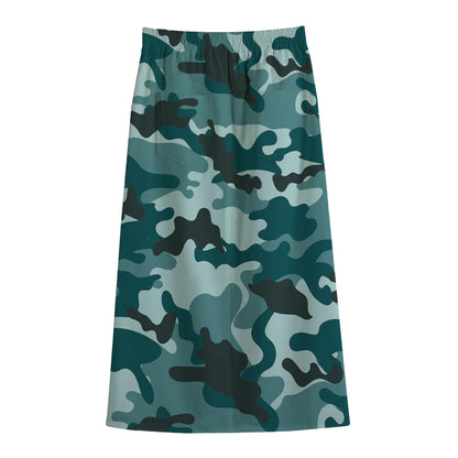 Forest Green Camouflage Print Cotton Front Slit Maxi Skirt