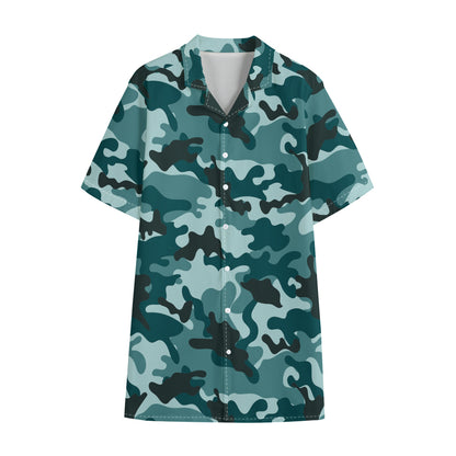 Forest Green Camouflage Print Cotton Hawaiian Shirt