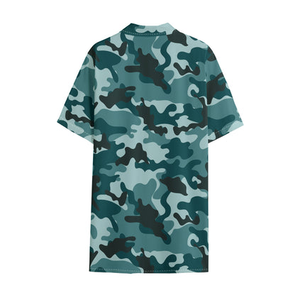 Forest Green Camouflage Print Cotton Hawaiian Shirt