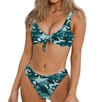 Forest Green Camouflage Print Front Bow Tie Bikini