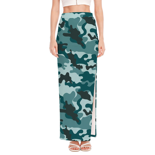 Forest Green Camouflage Print High Slit Maxi Skirt
