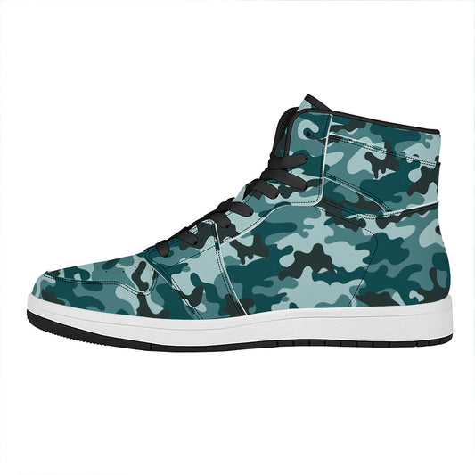 Forest Green Camouflage Print High Top Leather Sneakers