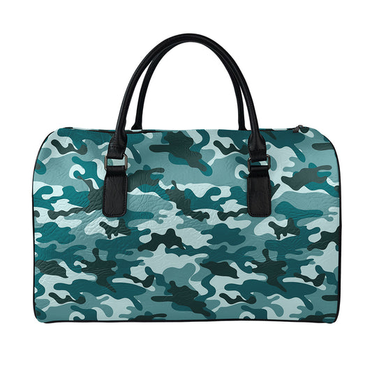 Forest Green Camouflage Print Leather Duffle Bag