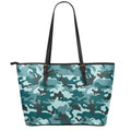 Forest Green Camouflage Print Leather Tote Bag With Zipper